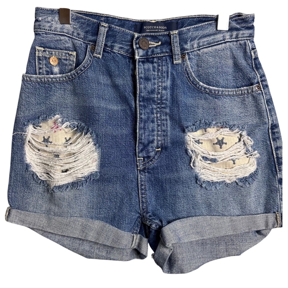 Scotch & Soda Amsterdams Blauw Distressed Star Denim‎ Shorts cowboy Americana